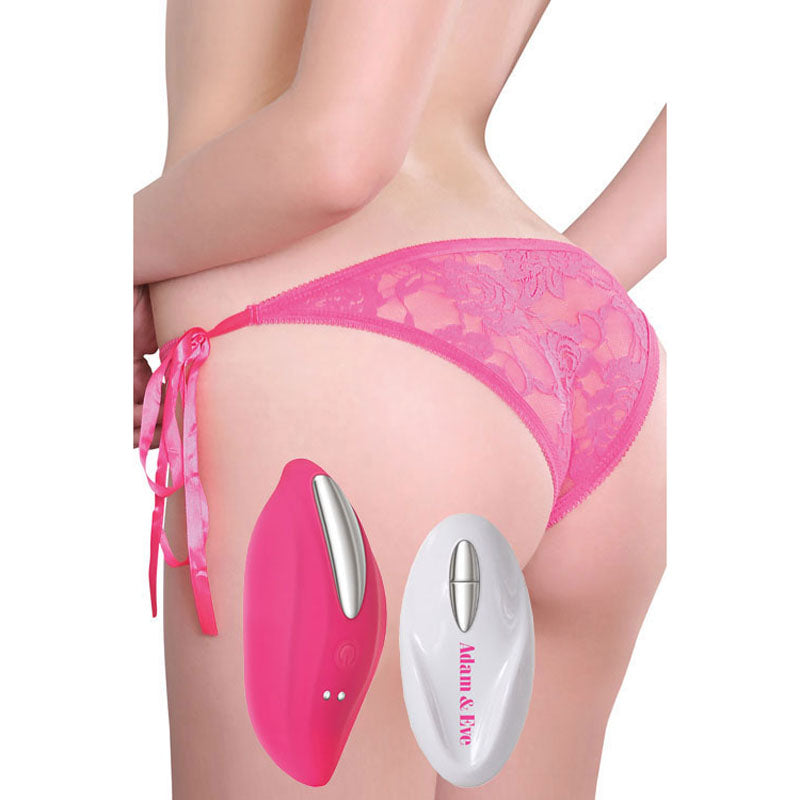 Adam & Eve Eve's Rechargeable Vibrating Panty With Remote - Vibrating Panty with Remote Control in pink lace design.