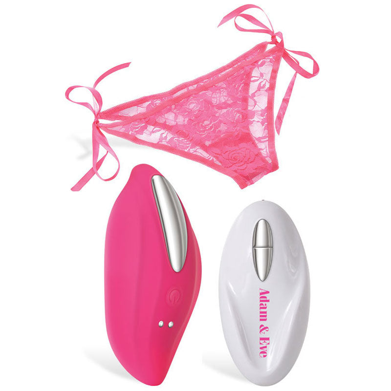 Adam & Eve Eve's Rechargeable Vibrating Panty With Remote -  Vibrating Panty with Remote Control with remote and pink lace design.