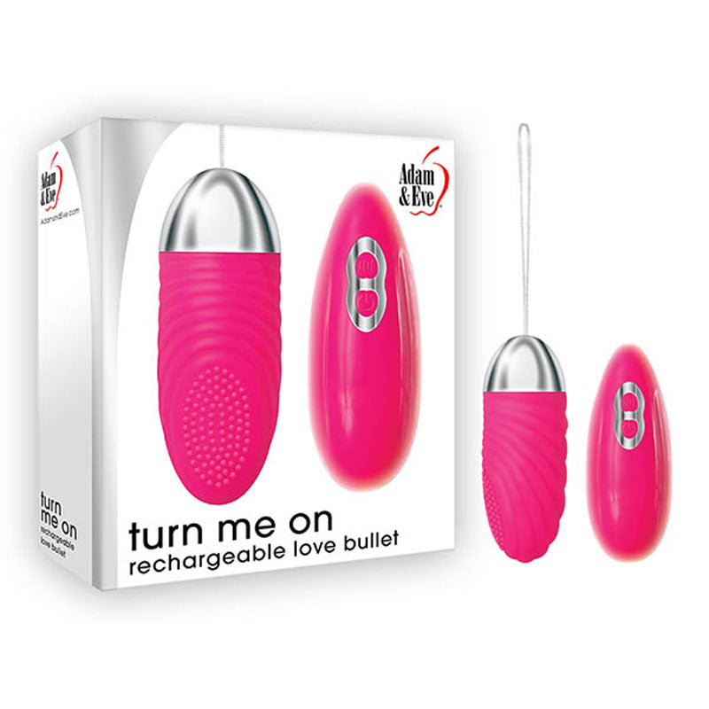 Adam & Eve Turn Me On Rechargeable Love Bullet -  8.9 cm (3.5'') USB Rechargeable Bullet with Remote in pink packaging.