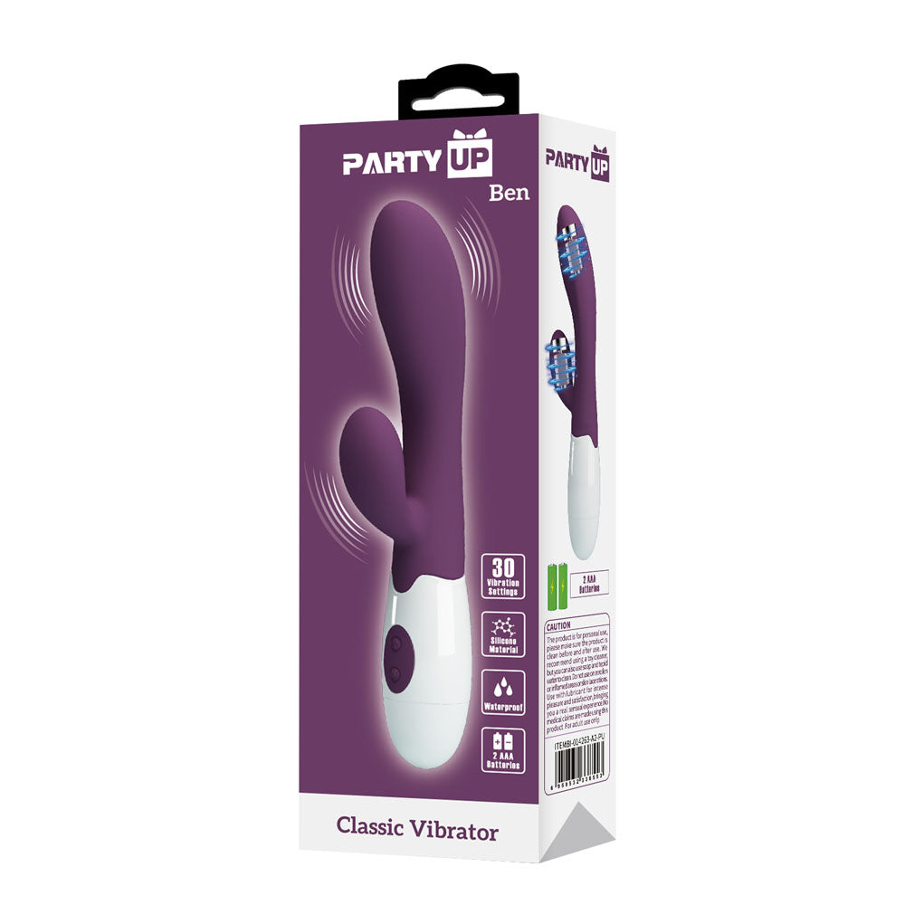 Party Up BEN Classic Vibe -  -  20 cm Rabbit Vibrator packaging showcasing its smooth design and features.
