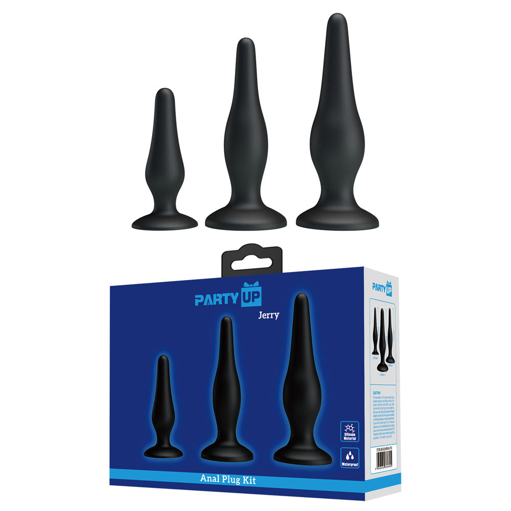 Party Up JERRY Butt Plug Set -  Butt Plugs - Set of 3 Sizes displayed in sleek black silicone packaging.