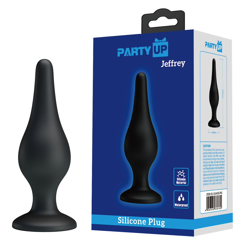Party Up JEFFREY Butt Plug - 14 cm Butt Plug in black silicone packaging for intimate essentials and anal play.