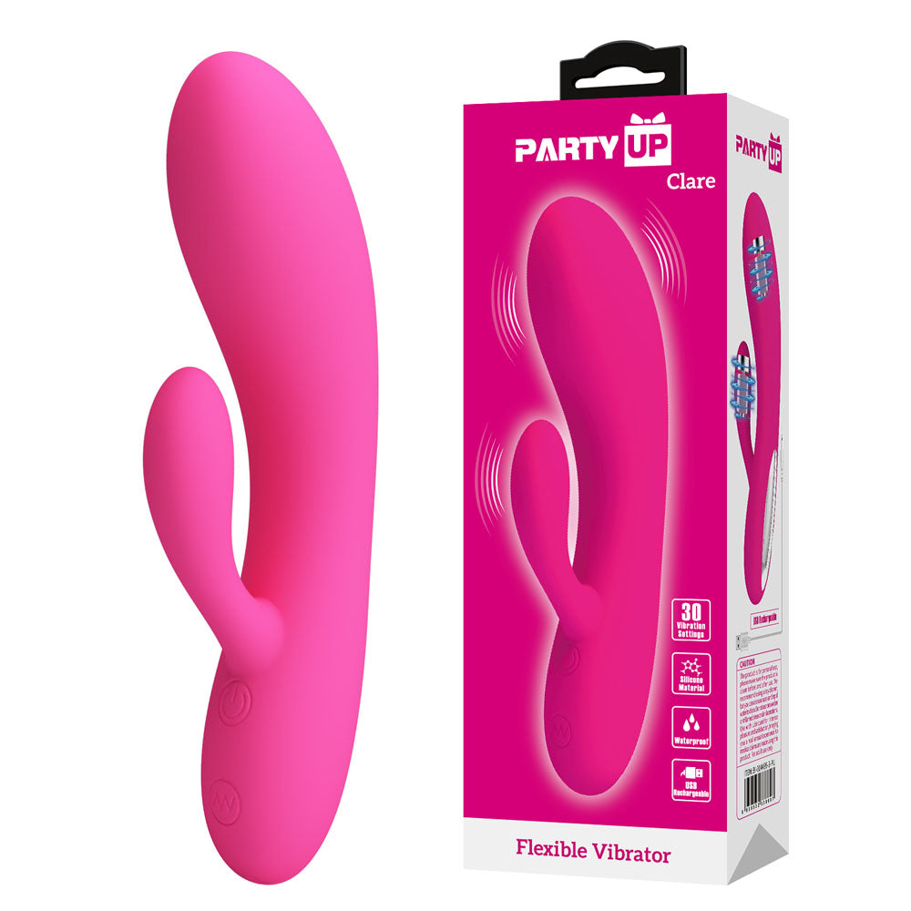 Party Up CLARE Flexible Vibe -  -  16.9 cm USB Rechargeable Rabbit Vibrator next to its packaging.