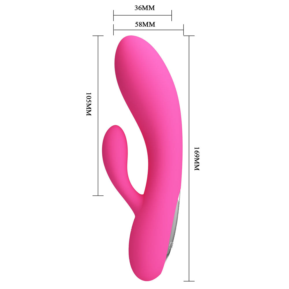 Party Up CLARE Flexible Vibe -  -  16.9 cm USB Rechargeable Rabbit Vibrator, pink with dimensions shown.
