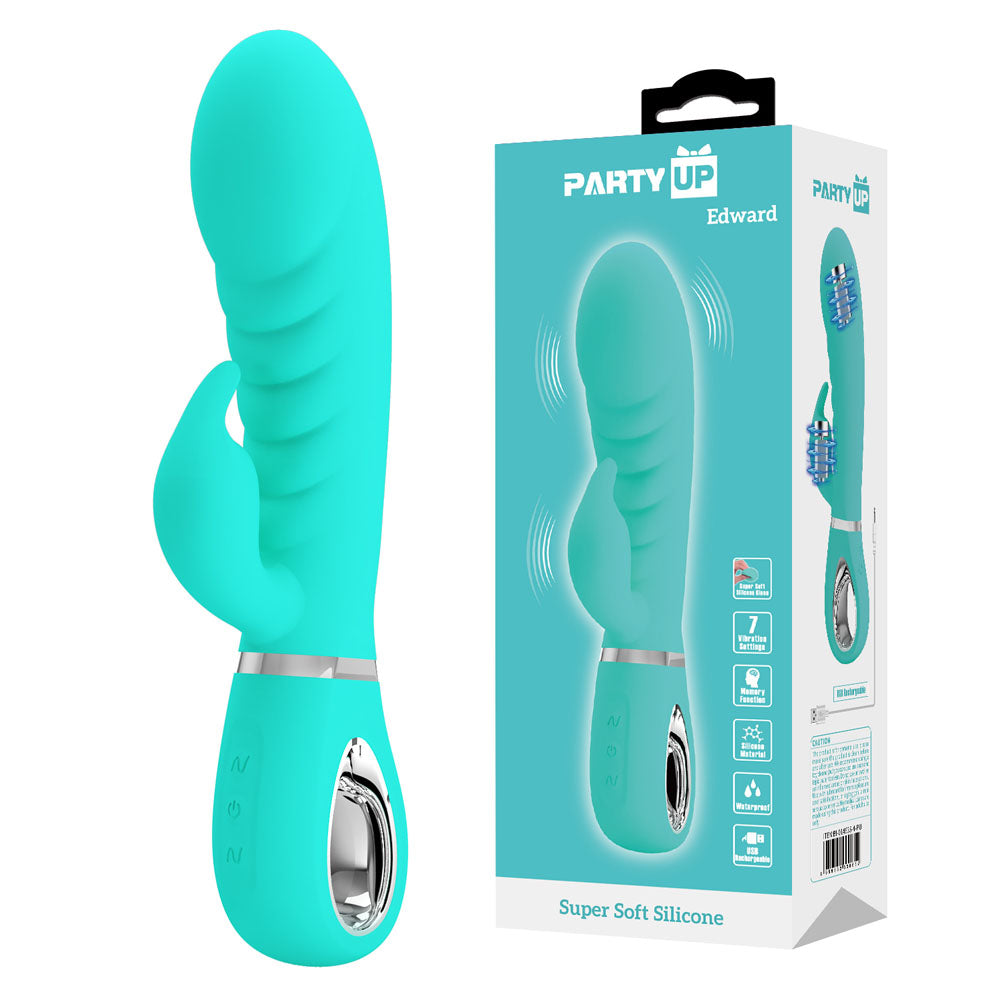 Party Up EDWARD Rabbit Vibe - Teal - Teal 20 cm USB Rechargeable Rabbit Vibrator featuring soft silicone design.