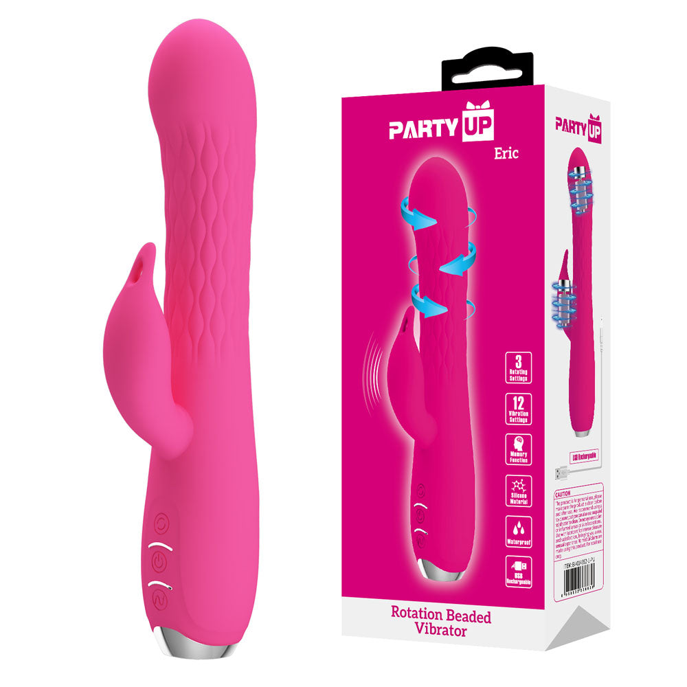 Party Up ERIC Rotating Beads Vibrator - USB rechargeable rabbit vibrator with ribbed shaft and clit stimulator.