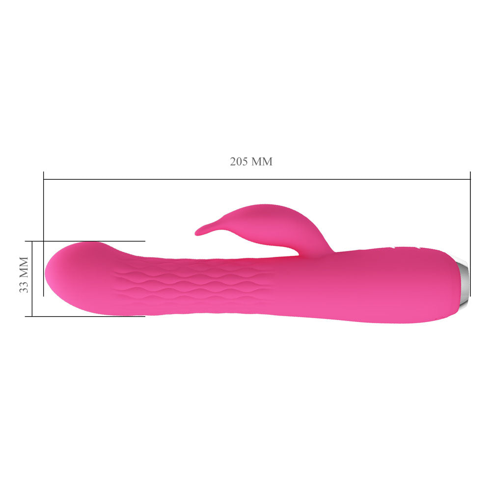 Party Up ERIC USB rechargeable rabbit vibrator measuring 205 mm with a pink silicone design and rabbit clit stimulator.