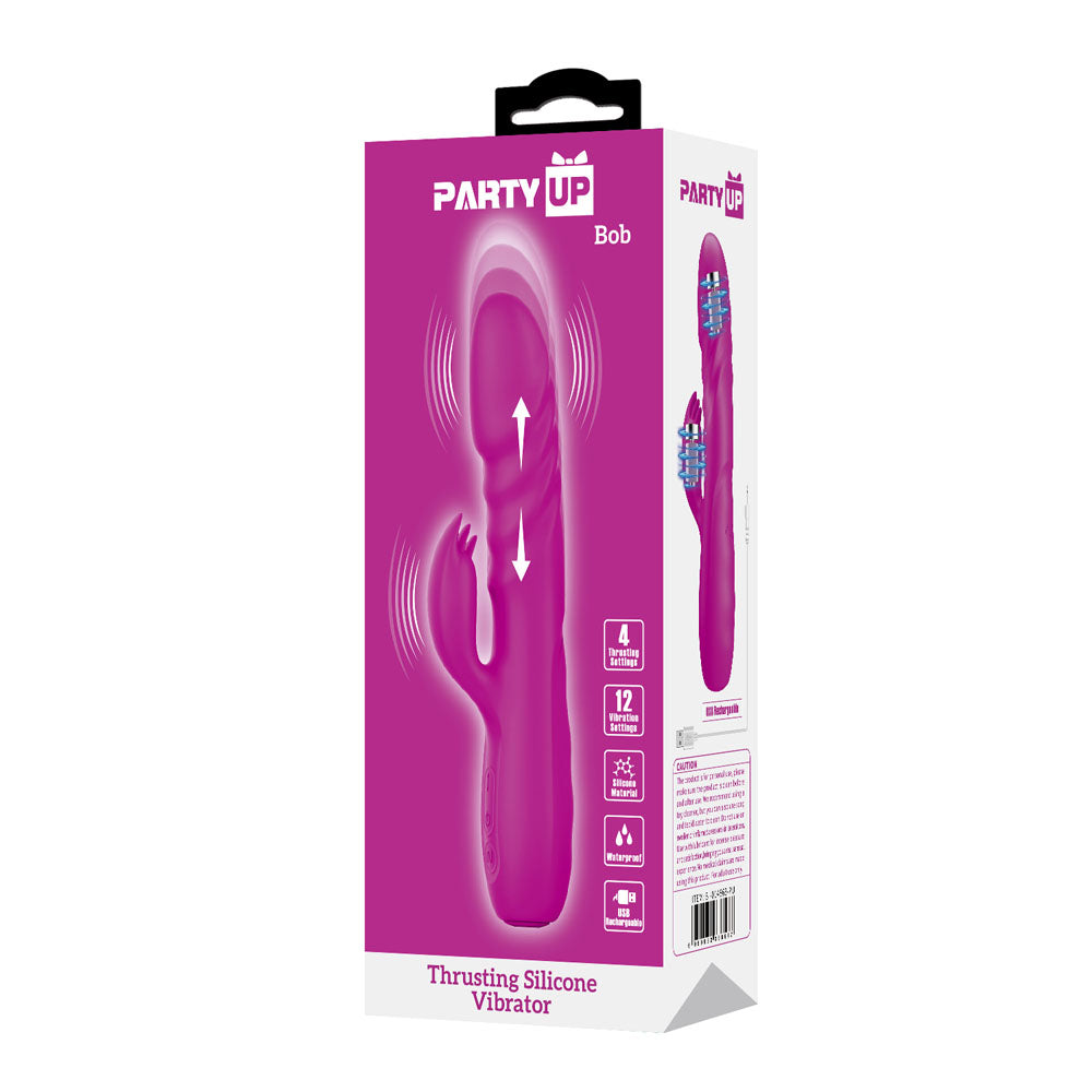 Party Up BOB Thrusting Vibe -  -  25 cm USB Rechargeable Thrusting Rabbit Vibrator packaging image, vibrant design, showcasing features.