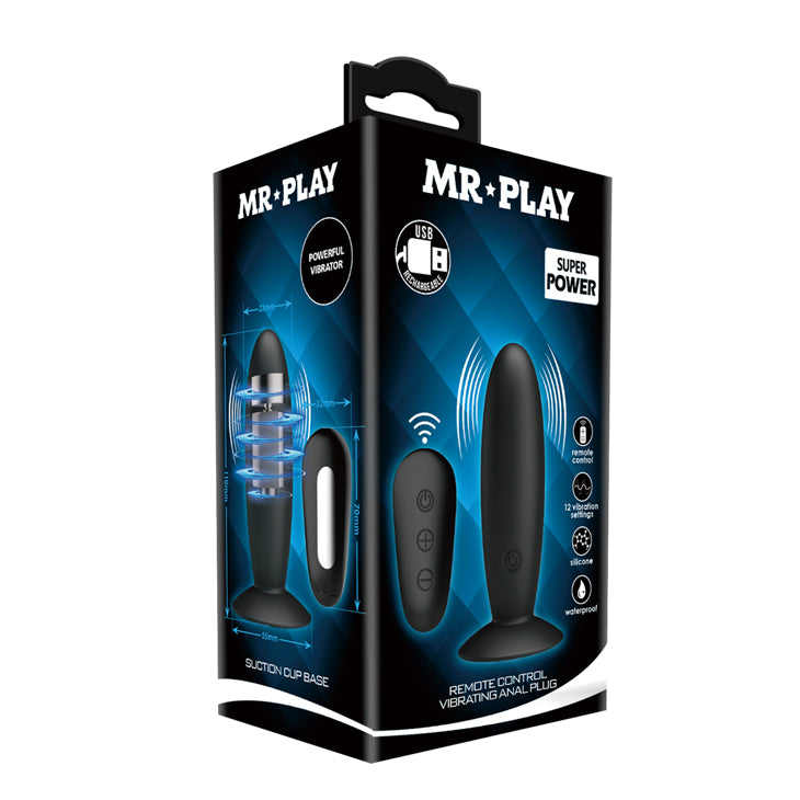 MR PLAY Remote Control Vibrating Anal Plug - USB Rechargeable Vibrating Butt Plug with Wireless Remote packaging image.
