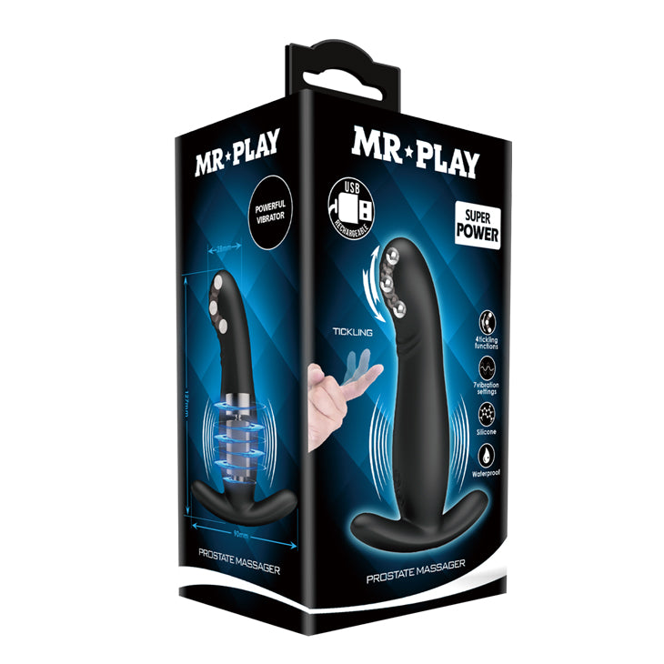 MR PLAY Prostate Massager -  USB Rechargeable Prostate Massager with Flicking Tip packaging with product features.