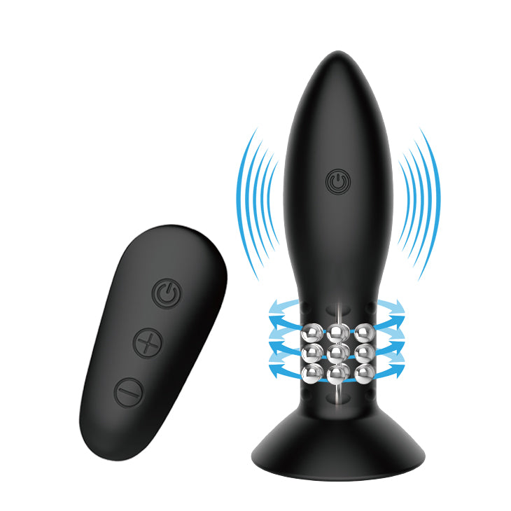 MR PLAY Rotation Beads Anal Plug - USB Rechargeable Beaded Butt Plug with Wireless Remote showcased with remote control.