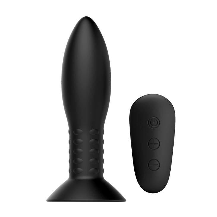 MR PLAY Rotation Beads Anal Plug -  USB Rechargeable Beaded Butt Plug with Wireless Remote next to its controller.