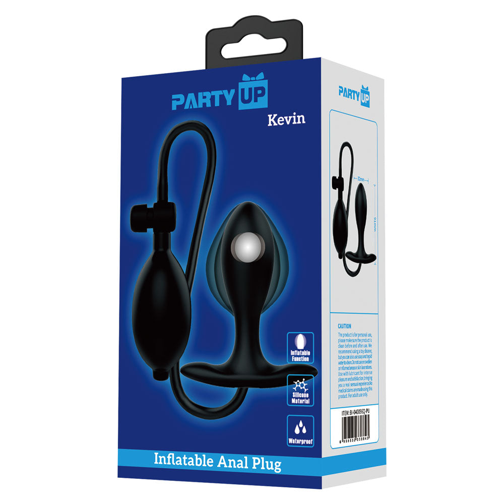 Party Up KEVIN Inflatable Butt Plug - 9.1 cm Inflatable Butt Plug packaging with details and design.