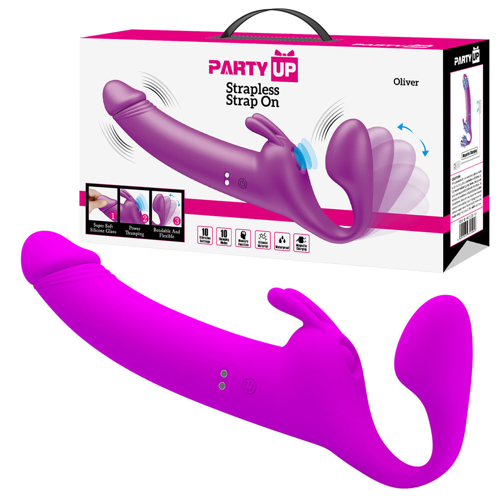 Party Up OLIVER Strapless Strap-On - 28.3 cm USB Rechargeable Strapless Strap-On in vibrant purple, showcasing its unique design.