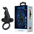 Party Up LARRY Vibrating Cock Ring - Vibrating Cock Ring displayed with packaging and features 10 vibration functions.