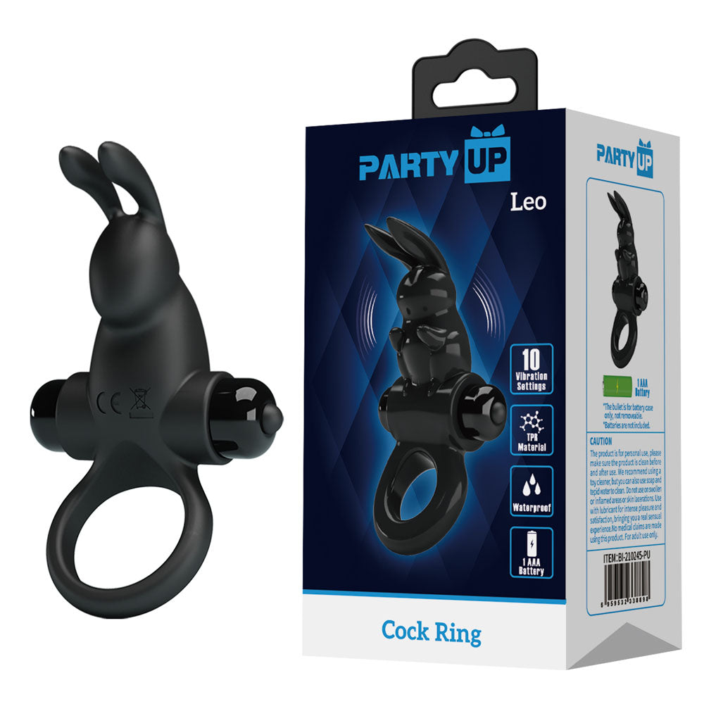 Party Up LARRY Vibrating Cock Ring - Vibrating Cock Ring displayed with packaging and features 10 vibration functions.