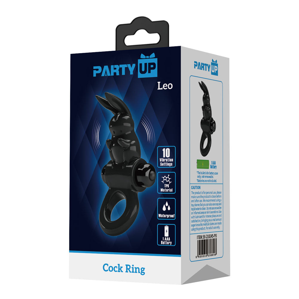 Party Up LARRY Vibrating Cock Ring -  Vibrating Cock Ring packaging with features and branding.