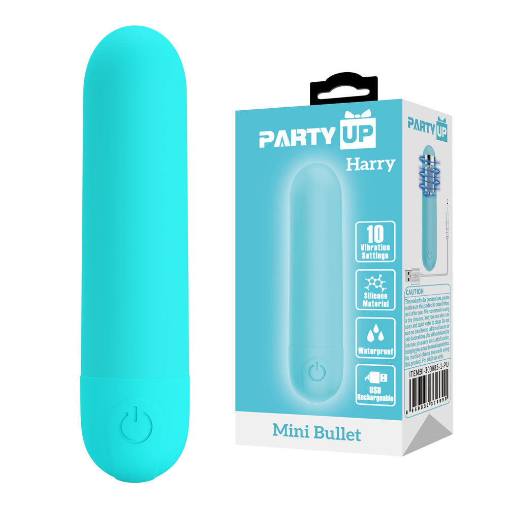 Party Up HARRY Mini Bullet - Teal - Teal 8 cm USB Rechargeable Bullet on display with packaging.