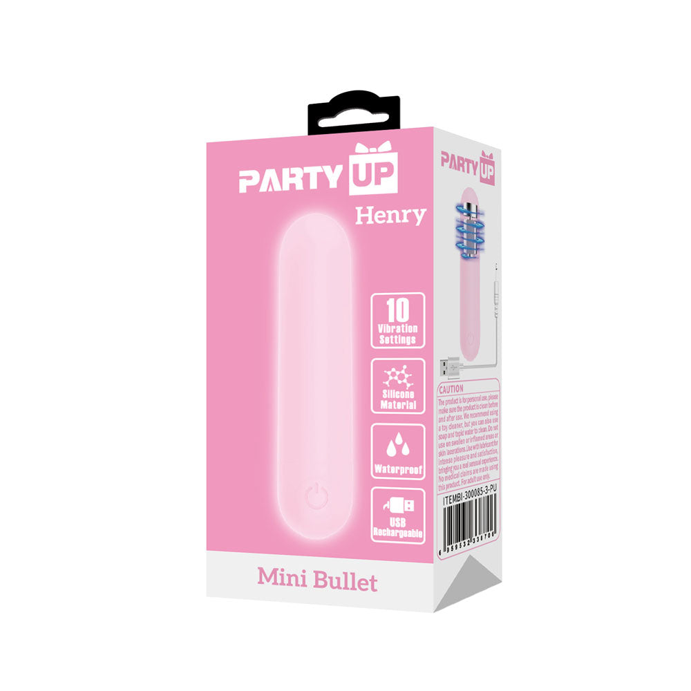 Party Up HENRY Mini Bullet -  -  8 cm USB Rechargeable Bullet packaging with details and features.