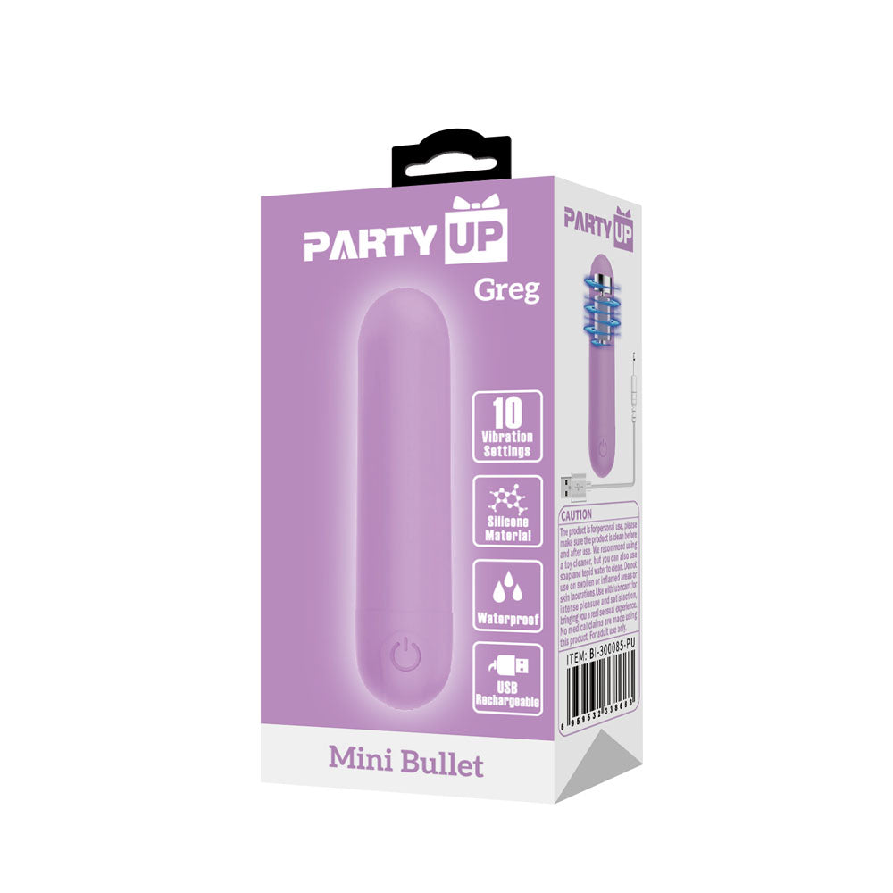 Party Up GREG Mini Bullet -  -  8 cm USB Rechargeable Bullet packaging with features and 10 vibration settings.