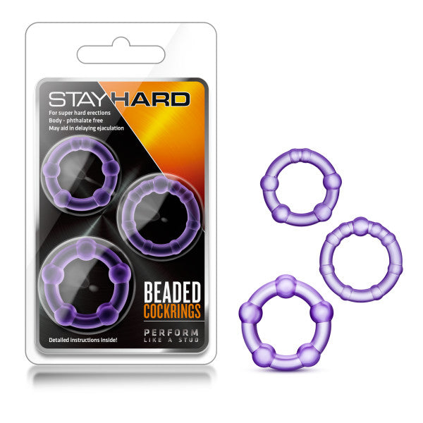 Stay Hard Beaded Cockrings -  Cock Rings - Set of 3 Sizes in purple packaging with three rings displayed.