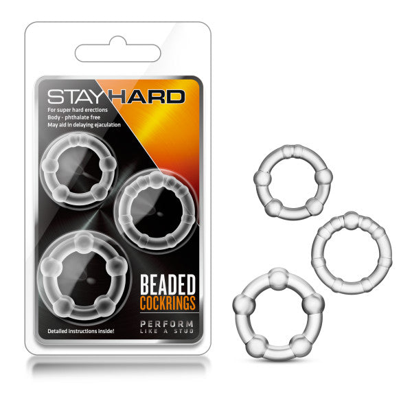 Stay Hard Beaded Cockrings -  Cock Rings - Set of 3 Sizes in clear packaging with three stretchy rings.