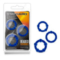 Stay Hard Beaded Cockrings -  Cock Rings - Set of  3 Sizes in blue packaging with three rings displayed.