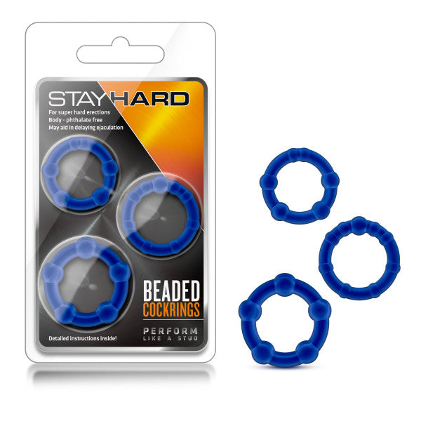 Stay Hard Beaded Cockrings -  Cock Rings - Set of  3 Sizes in blue packaging with three rings displayed.