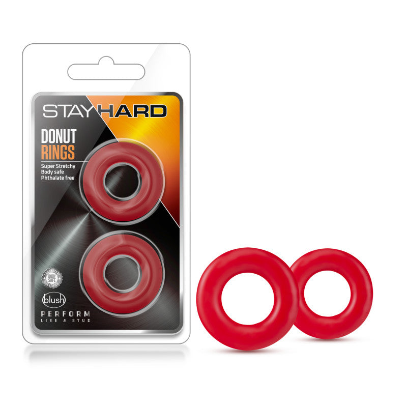 Stay Hard Donut Rings -  Cock Rings - Set of 2 in packaging with two red stretchy rings for enhanced performance.