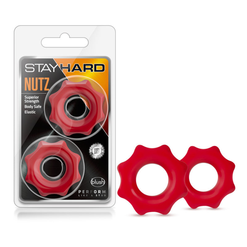 Stay Hard Nutz -  Cock Rings - Set of 2 in packaging with red C-rings for enhanced pleasure and comfort.