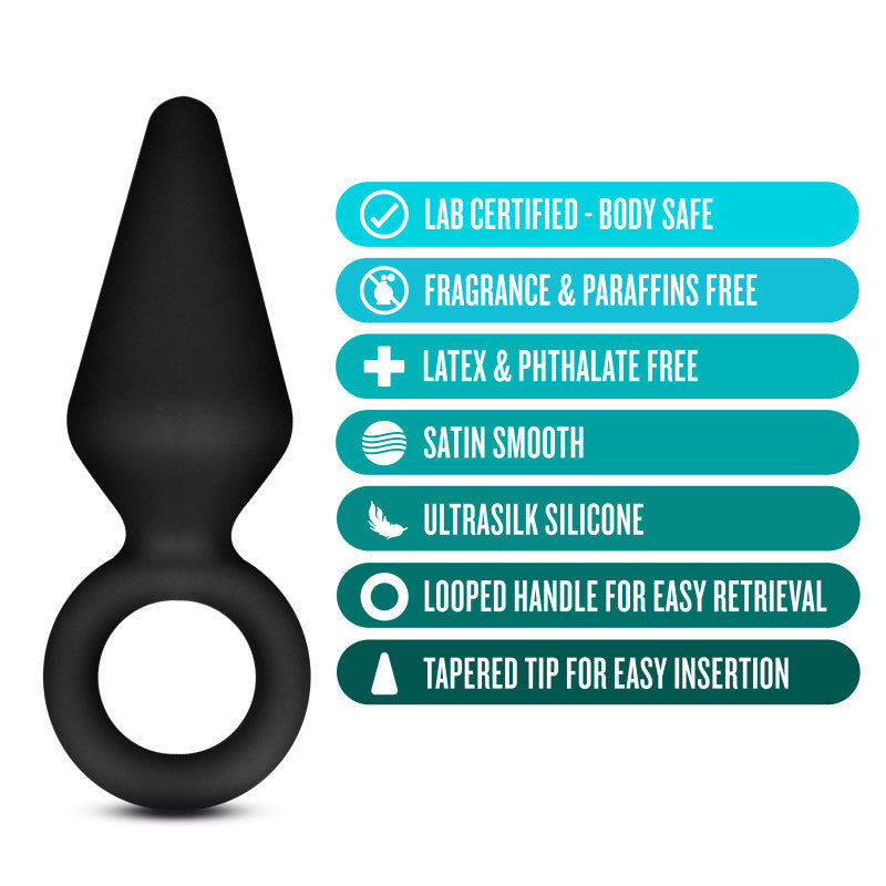 Anal Adventures Platinum Loop Plug - Small -  7.6 cm Butt Plug features a tapered tip, looped handle, and is made of Ultrasilk silicone.