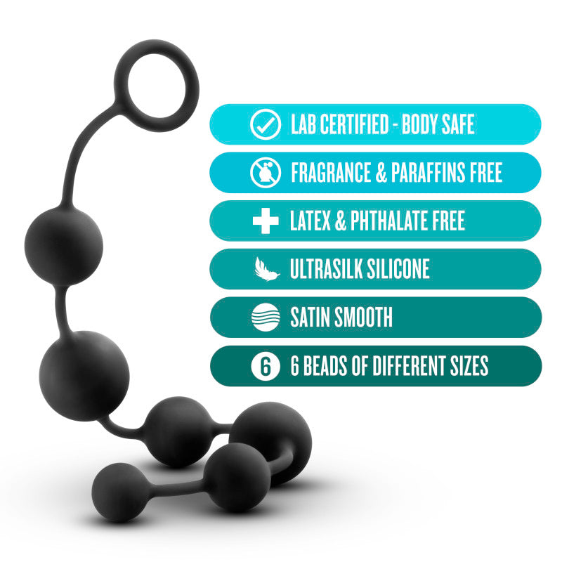Large silicone anal beads featuring 6 beads of different sizes, made from Ultrasilk silicone for smooth sensation.