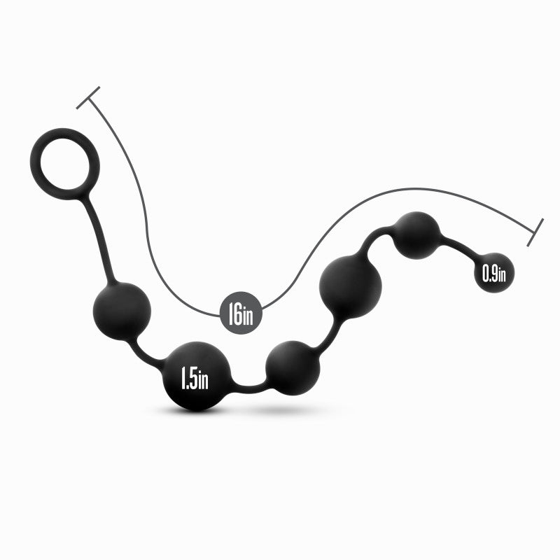Large silicone anal beads showing measurements of 16 inches total length and varying bead sizes.