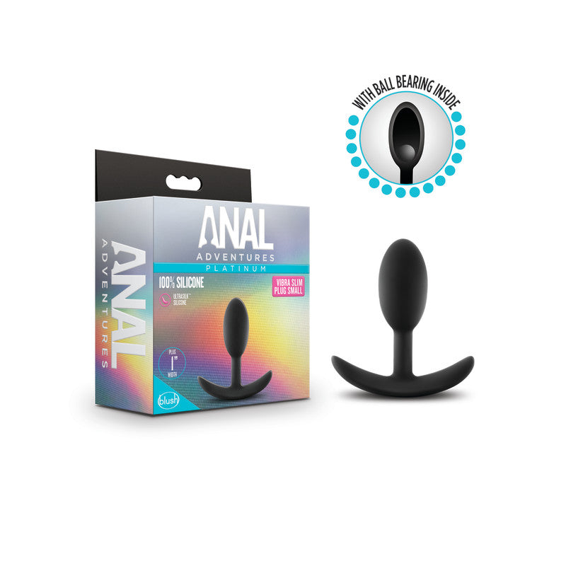 Anal Adventures Platinum Vibra Slim Plug - 8.9 cm Small Butt Plug with Internal Ball in packaging with a sleek design.