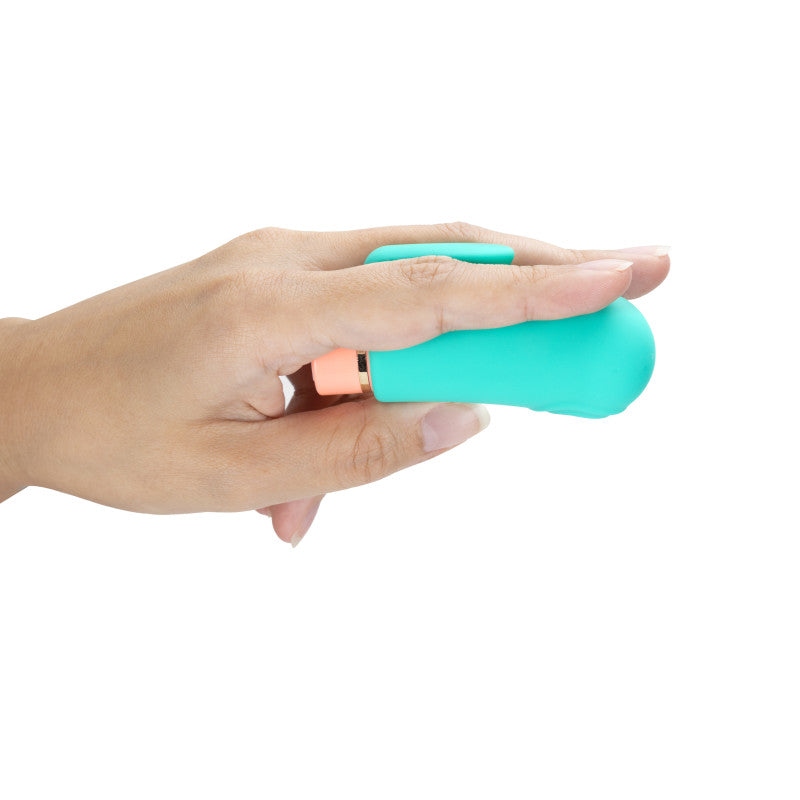Hand holding the Aria Sensual AF - Teal USB Rechargeable Stimulator showcasing its sleek design.