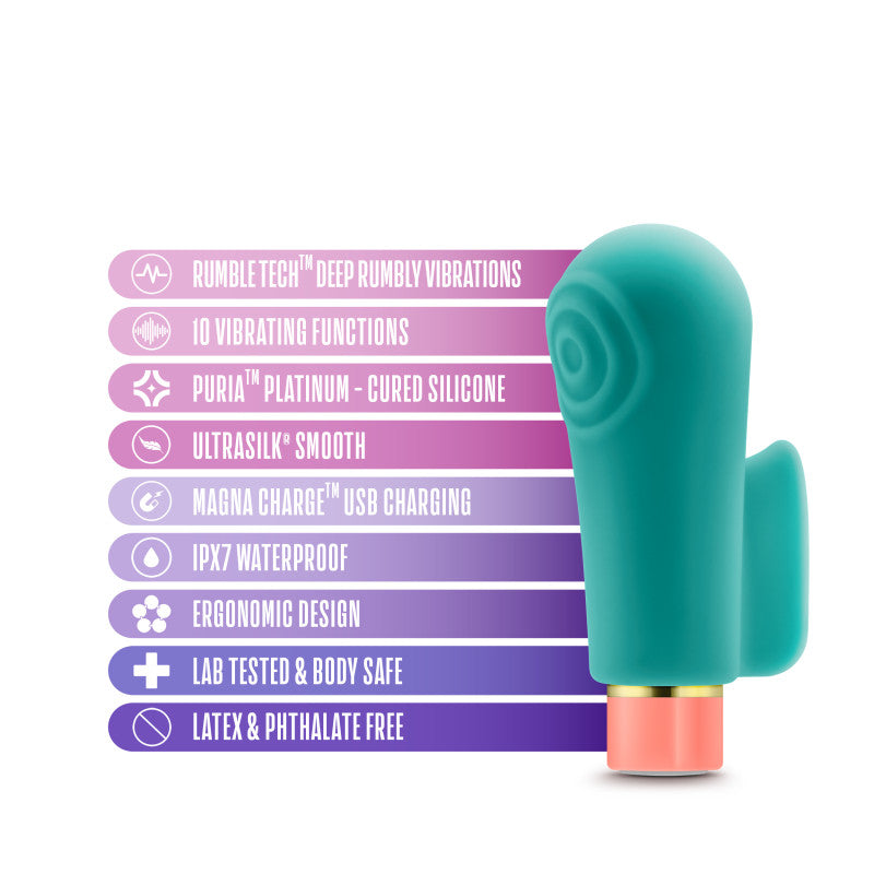 Aria Sensual AF - Teal USB Rechargeable Stimulator with RumbleTech4 deep vibrations features and waterproof design.
