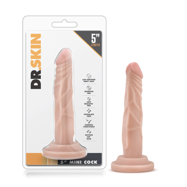 Dr. Skin 5'' Mini Cock - 12.7 cm Dong in packaging with detailed features listed.