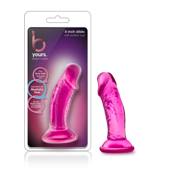 B Yours - Sweet n Small 4'' Dildo -  10 cm Dong with suction cup in pink packaging for realistic stimulation.