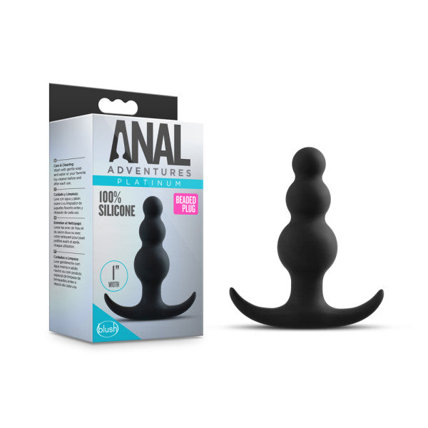 Anal Adventures Platinum Beaded Plug - Black 7.6 cm (3'') Silicone Butt Plug displayed with packaging.