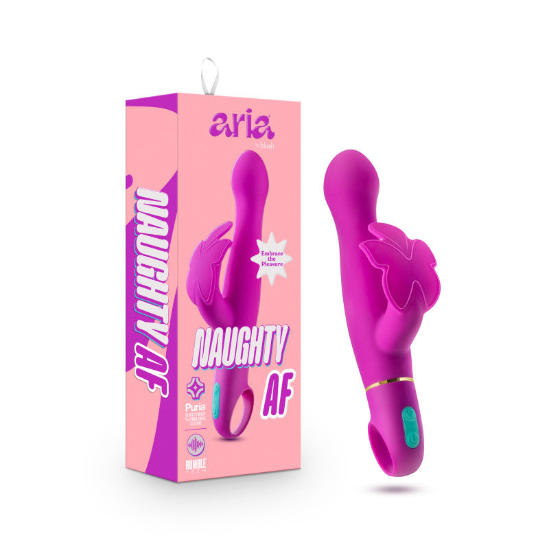 Aria Naughty AF - Plum 18.4 cm Butterfly Vibrator packaging and product image in vibrant pink with leaf design.