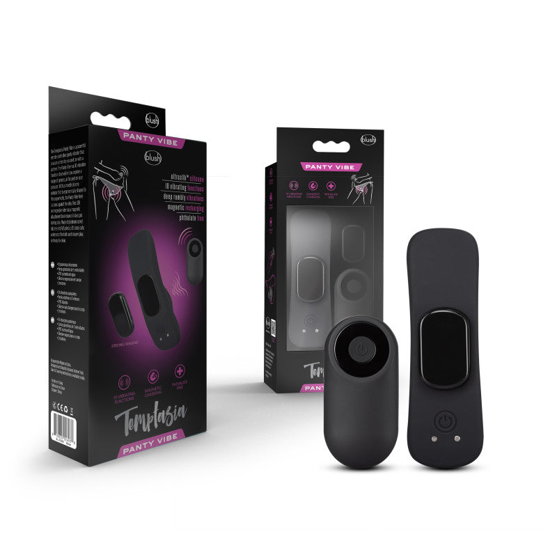 Temptasia Remote Control Panty Vibe - USB Rechargeable Panty Vibe with packaging and controller on display.