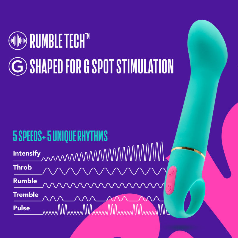 Aria Flirty AF - Teal 16.5 cm Vibrator showcasing Rumble Tech™ and G-spot stimulation features.