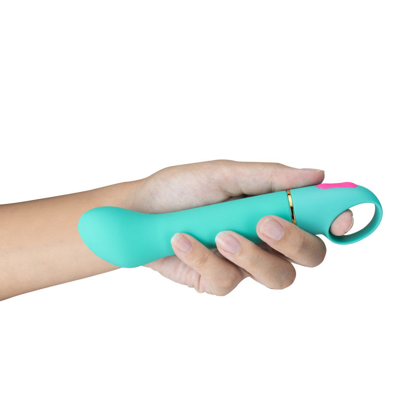 Aria Flirty AF - Teal 16.5 cm Vibrator held in hand, showcasing its sleek design and functionality.