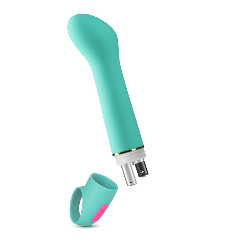 Aria Flirty AF - Teal 16.5 cm Vibrator showcasing its sleek design and removable battery compartment for intimate essentials for her.