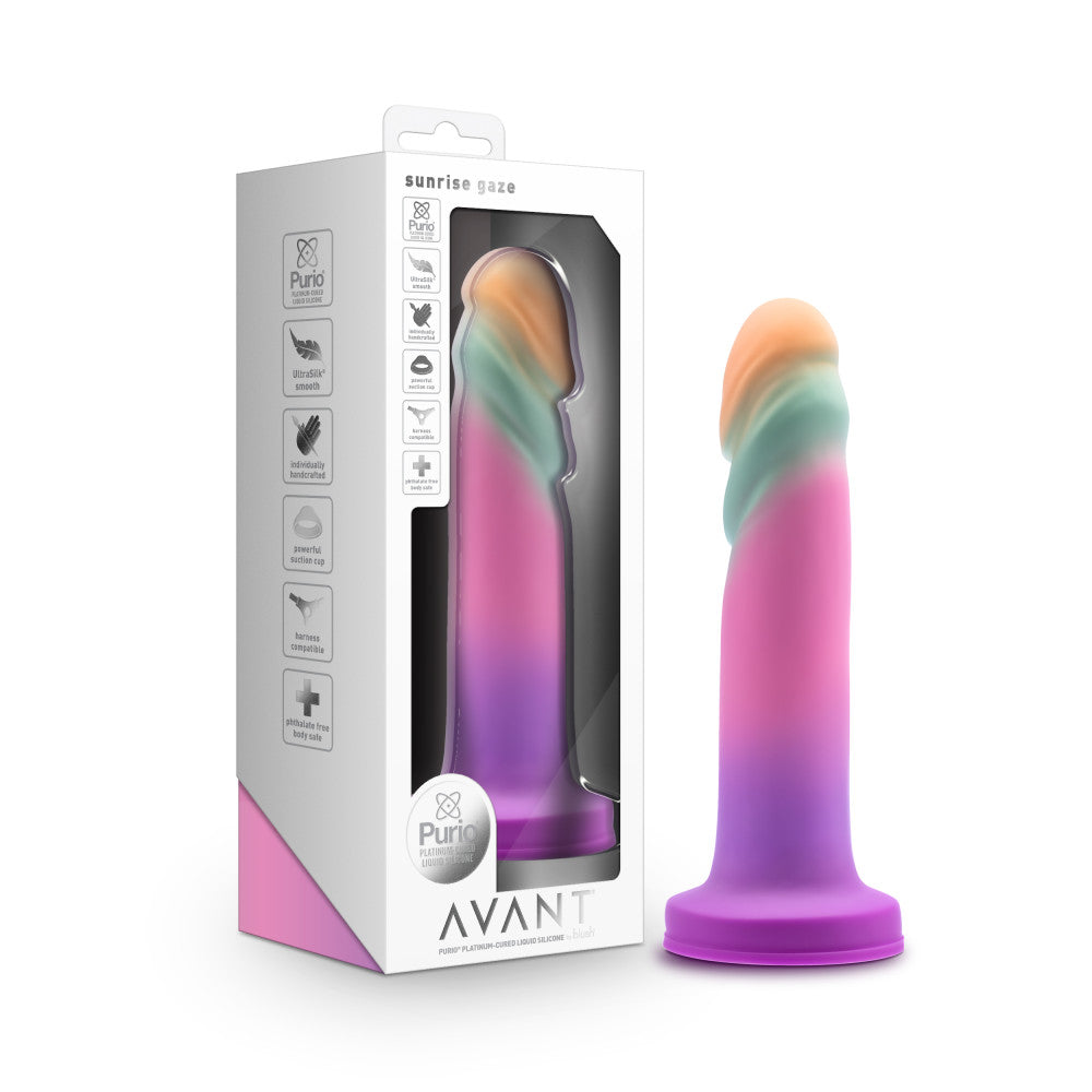 Avant - Sunrise Gaze - Sherbet 19 cm Dildo displayed in packaging with pastel colors for intimate essentials for her.