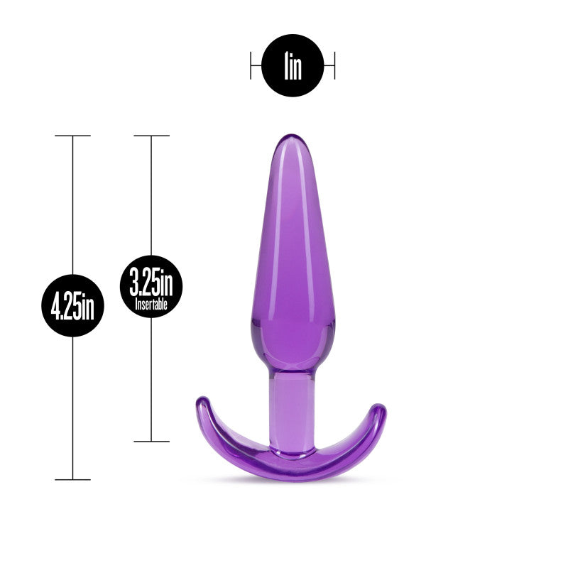 B Yours Slim Anal Plug -  10.8 cm Butt Plug in purple with measurement details for beginner anal play.