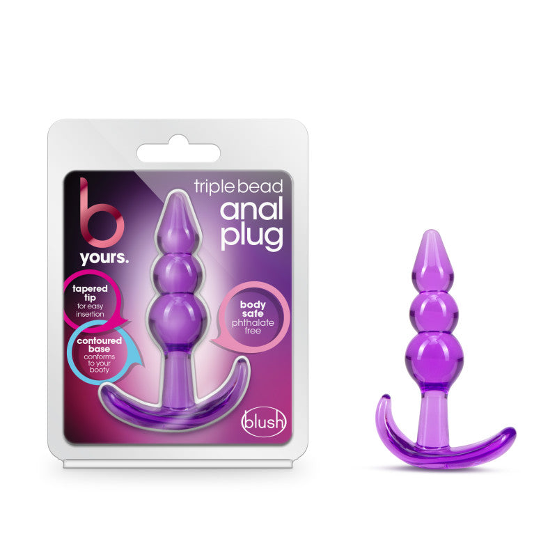 B Yours Triple Bead Anal Plug -  9.5 cm Butt Plug in packaging, featuring three bulb design, body safe and phthalate free.
