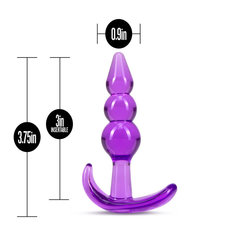 B Yours Triple Bead Anal Plug -  9.5 cm Butt Plug showing dimensions and design details in purple color