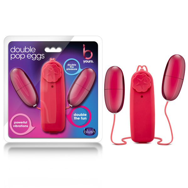 B Yours Double Pop Eggs - Cerise Dual Vibrating Eggs packaging and product showcasing powerful vibrations and dual sensations.
