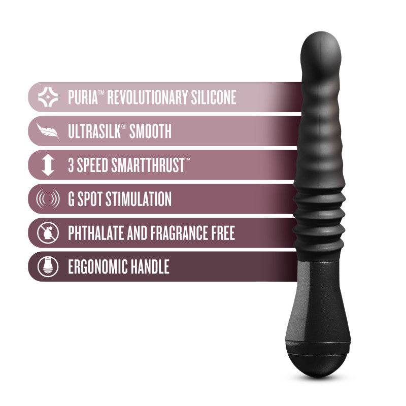 Temptasia Lazarus thrusting dildo for G spot stimulation features Puria silicone, 3 speed SmartThrust, and ergonomic handle.